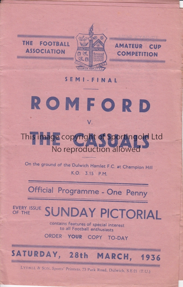 AMATEUR CUP SEMI-FINAL 1936 Official programme, Amateur Cup Semi-Final, Romford v The Casuals, 28/