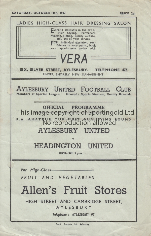 AYLESBURY - HEADINGTON 47-48 Aylesbury United home programme v Headington United, 11/10/47, FA