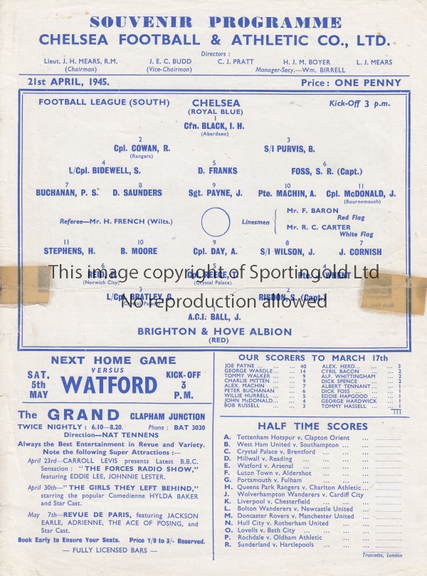 CHELSEA - BRIGHTON 45 Chelsea home programme v Brighton, 21/4/45, tape at opposite edges of centre