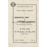 GLENTORAN V HUDDERSFIELD TOWN 1953 Programme for the Tommy Hughes Testimonial at The Oval, Belfast