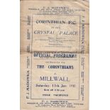 CORINTHIANS - MILLWALL 1930 CUP Four page Corinthian FC programme v Millwall, 11/1/1930 at The