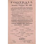 DULWICH HAMLET - BARNET 1921 Single sheet Dulwich Hamlet home programme v Barnet, 5/2/1921 ,