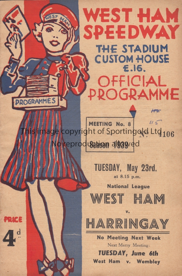 SPEEDWAY West Ham v Harringay 23/5/1939 with scores entered. Small number written on cover.