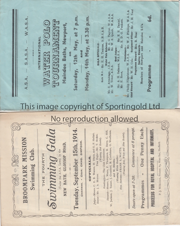 WATER SPORS Programme for the Swimming Gala at Glossop Road, Sheffield 15/9/1914 and programme for