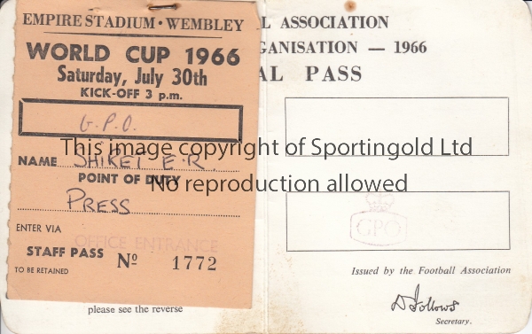 1966 WORLD CUP FINAL England v West Germany. Rare official Press Pass issued for the Final