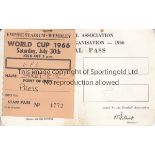 1966 WORLD CUP FINAL England v West Germany. Rare official Press Pass issued for the Final