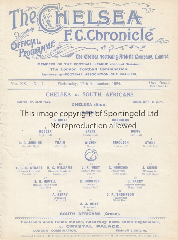 CHELSEA - SOUTH AFRICANS 1924 Chelsea single sheet home programme v South Africans, 17/9/1924, ex