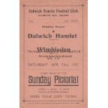 DULWICH - WIMBLEDON 1927 Dulwich Hamlet Reserves four page programme v Wimbledon Reserves, 23/4/