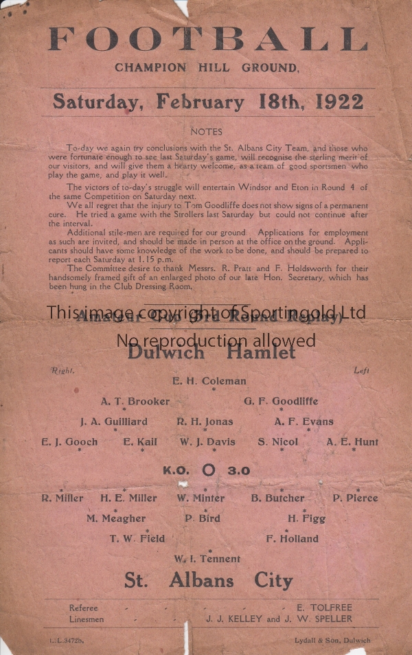 DULWICH - ST ALBANS CITY 1922 Dulwich Hamlet single sheet programme v St Albans City, 18/2/1922,