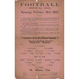 DULWICH - ST ALBANS CITY 1922 Dulwich Hamlet single sheet programme v St Albans City, 18/2/1922,