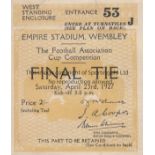 1927 FA CUP FINAL Ticket for Arsenal v Cardiff City. Entrance 53, Turnstile J. Very slightly