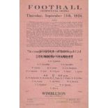 DULWICH - WIMBLEDON 1924 Dulwich Hamlet single sheet programme v Wimbledon, 11/9/1924, Isthmian