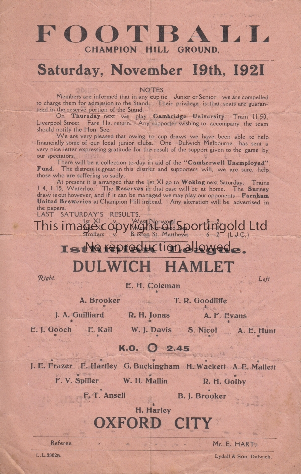 DULWICH - OXFORD CITY 1921 Dulwich Hamlet single sheet programme v Oxford City, 19/11/1921, Isthmian