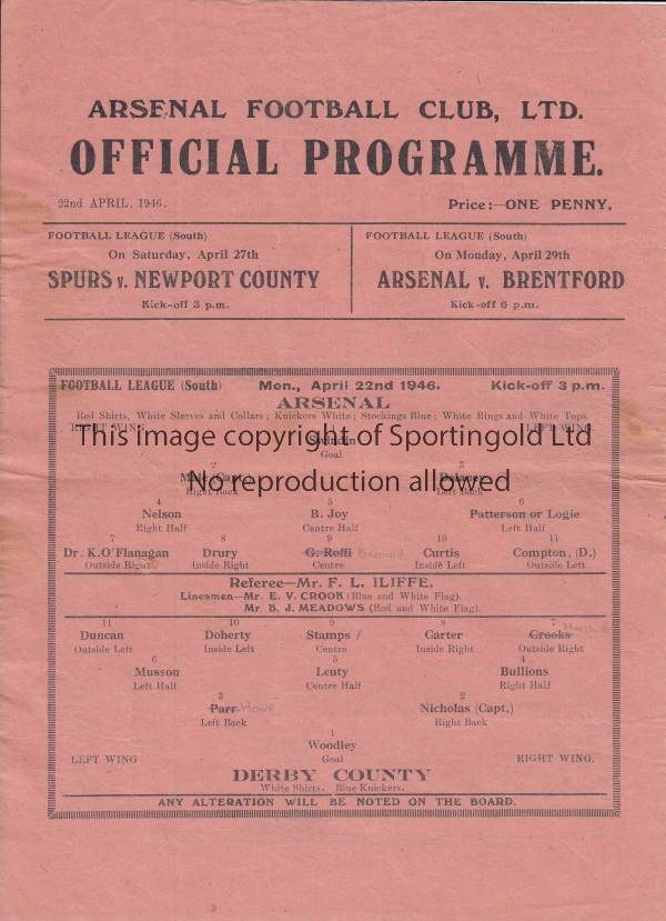 ARSENAL V DERBY COUNTY 1946 Single sheet programme for the Arsenal home FL South match 22/4/1946,