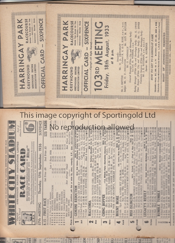 GREYHOUND RACING Six racecards. Harringay Park 18, 21, 23 and 25/8/1933 all ex-binder and White City