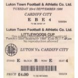LUTON - CARDIFF 86 Ticket for a match that did not take place, Luton Town v Cardiff City, 23/9/1986,