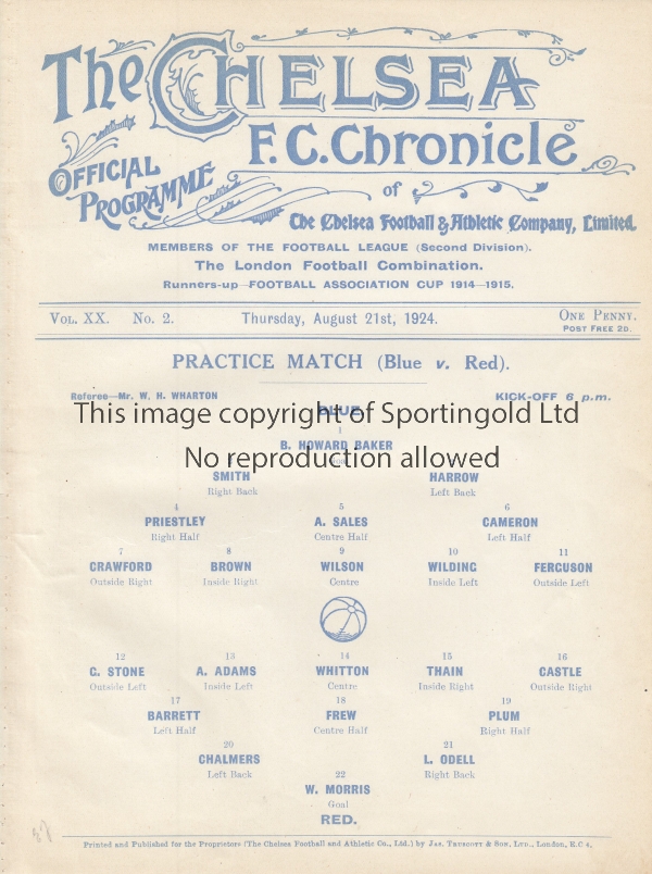 CHELSEA 24-25 Chelsea single sheet Practice match programme, Blue v Red, 21/8/1924. Ex bound volume.