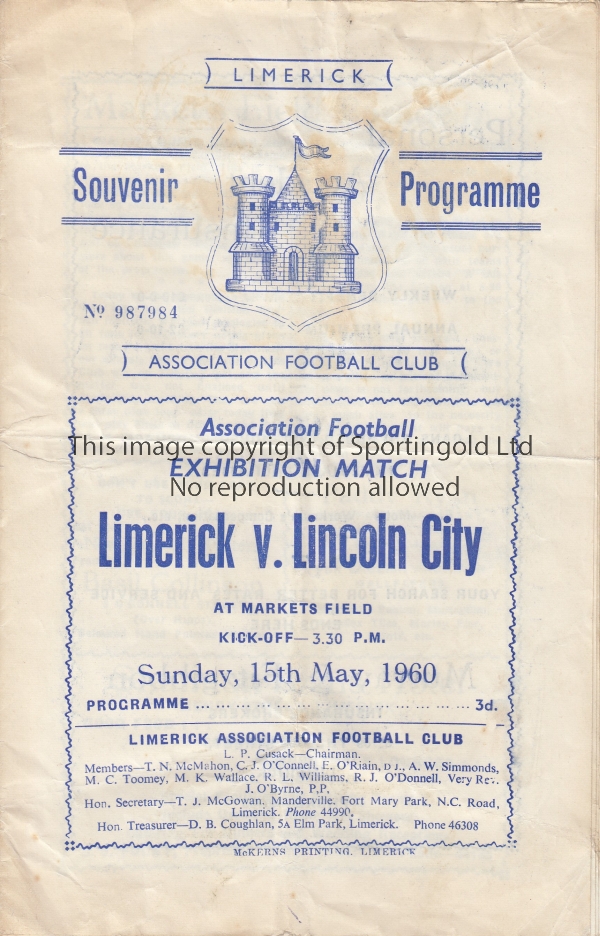 LIMERICK V LINCOLN CITY 1960 Programme for the Friendly at Markets Field 15/5/1960, creased. Fair to