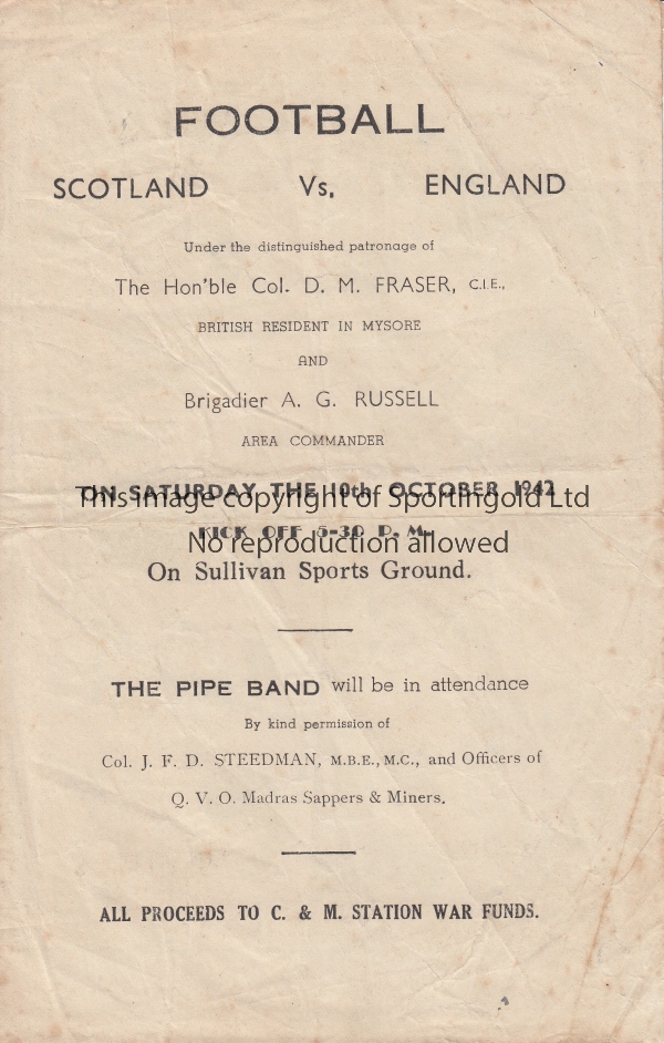 SCOTLAND - ENGLAND 1942 Programme for a meeting of Scotland and England, 10/10/42 played in