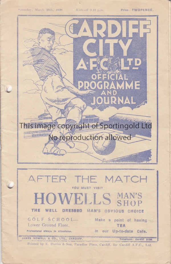 CARDIFF- CRYSTAL PALACE 38-39 Cardiff City home programme v Crystal Palace, 25/3/1939, punch-