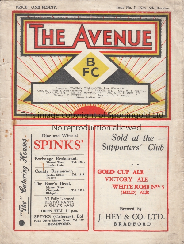 BRADFORD PA - BURNLEY 38-39 Bradford Park Avenue home programme v Burnley 5/11/1938, staples