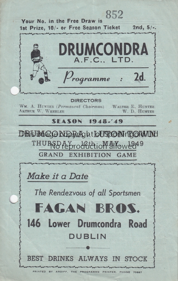 DRUMCONDRA V LUTON TOWN 1949 Programme for the Friendly in Dublin 12/5/1949, punched holes, slightly