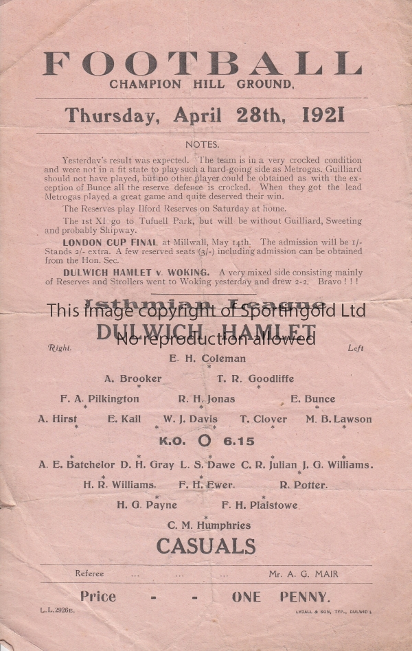 DULWICH - CASUALS 1921 Dulwich Hamlet single sheet programme v Casuals, 28/4/1921, Isthmian