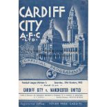MANCHESTER UNITED Programme for the away League match v Cardiff City 29/10/1955, slight horizontal