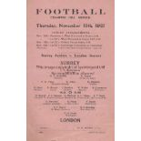 SURREY - LONDON 1921 Single sheet Dulwich Hamlet programme for match Surrey Juniors v London