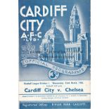 CARDIFF / CHELSEA Programme Cardiff City v Chelsea (Championship season) 23rd March 1955. Vertical