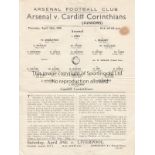 ARSENAL Single sheet programme Arsenal v Cardiff Corinthians (Juniors) April 28th 1938. Stain at top