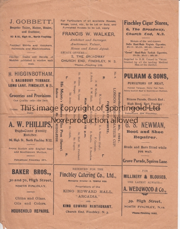 FINCHLEY 1921 Single sheet Finchley programme v Her Majesty's Stationery Office Press (Harrow), 8/