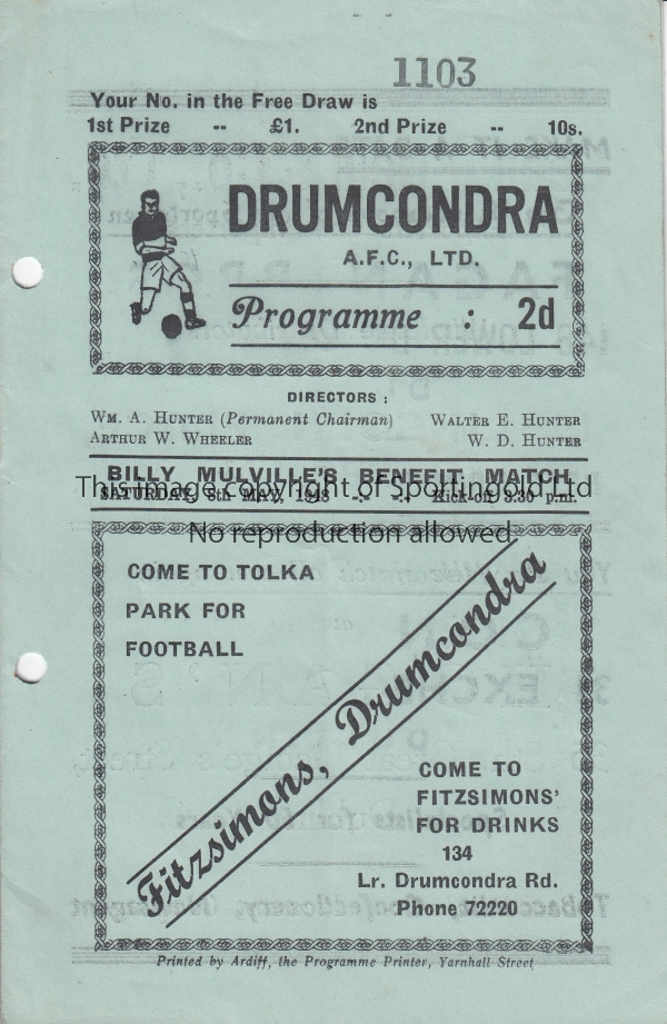 DRUMCONDRA V CHARLTON ATHLETIC 1948 Programme for the Billy Mulville Benefit in Dublin 8/5/1948,