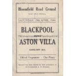 WAR CUP FINAL NORTH 1944 Official programme, Blackpool v Aston Villa, 29/4/44, four page issue,