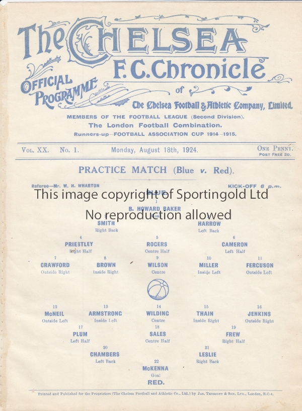 CHELSEA 24-25 Chelsea single sheet Practice match programme, Blue v Red, 18/8/1924. Ex bound volume.