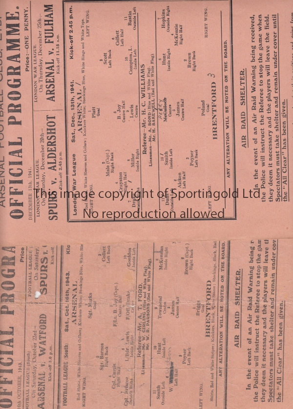 ARSENAL V BRENTFORD 1941 & 1943 Two single sheet programmes for the Arsenal home War League