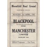 BLACKPOOL - MAN UTD 45 Blackpool home programme v Man Utd, 2/4/45, folds, team changes, slight tears