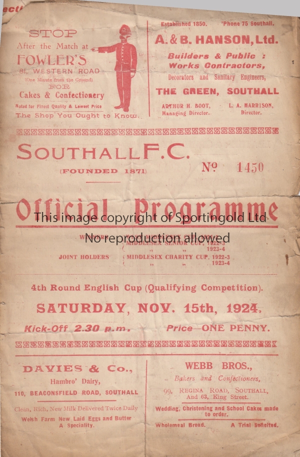 SOUTHALL - DULWICH 1924 Four page Southall home programme v Dulwich Hamlet, 15/11/1924, FA Cup,