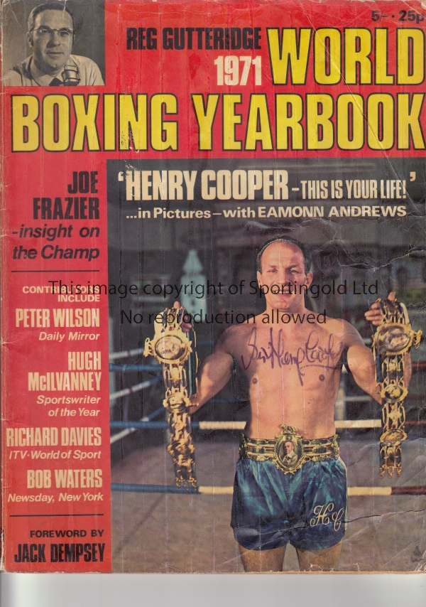 SIR HENRY COOPER AUTOGRAPHS Two Sir Henry Cooper autographs: On the front cover of 1971 World Boxing