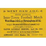 WEST HAM UNITED Ticket card for West Ham JOC v Birmingham JOC 4/4/1931 played at Green Street, Upton
