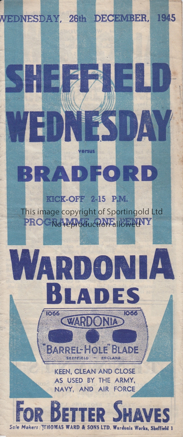 SHEFFIELD WEDSNESDAY V BRADFORD PA 1945 Programme for the FL North match at Hillsborough 26/12/1945,