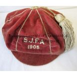 SCOTTISH CAP 1905 Scottish Juvenile Football Association cap , 1905, red cloth with gilt
