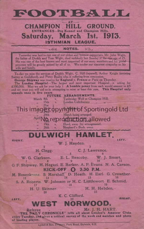 DULWICH - WEST NORWOOD 1913 Dulwich Hamlet single sheet programme v West Norwood, 1/3/1913, Isthmian