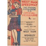 SPEEDWAY Programme for West Ham at home to Wembley 27/4/1937, slight vertical crease and scores