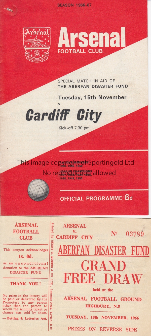 ARSENAL Programme and lottery ticket Arsenal v Cardiff City (Aberfan Disaster Fund Match) 15th