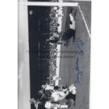 LAWRIE LESLIE & TERRY MEDWIN B/W 12” x 8” photo, showing West Ham’s goalkeeper Lawrie Leslie at full