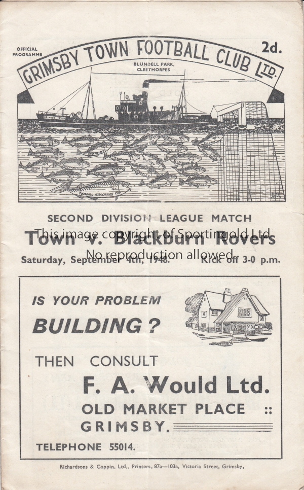 GRIMSBY - BLACKBURN 48/9 Grimsby home programme v Blackburn, 4/9/48, fold, h-t scores, score noted