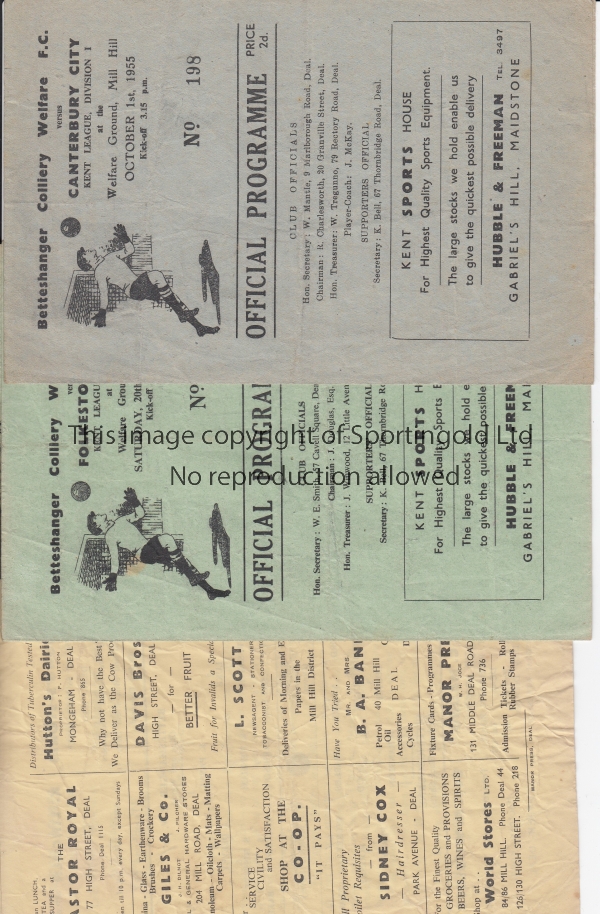 BETTESHANGER C.W. Three Betteshanger Colliery Welfare home programmes, v Canterbury City 55/6, v