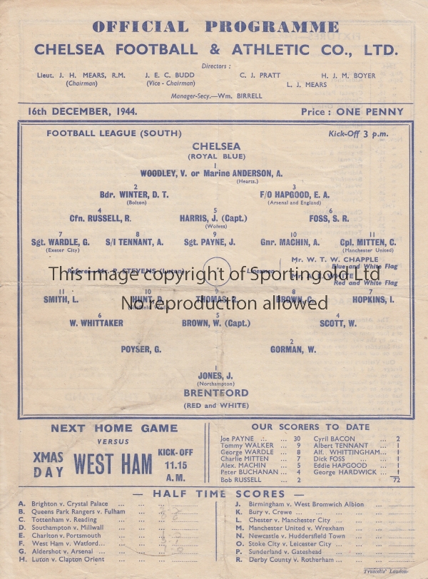 CHELSEA V BRENTFORD 1944 Single sheet programme for the FL South match at Chelsea 16/12/1944, folded
