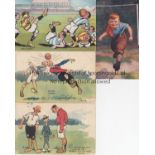 FOOTBALL POSTCARDS Four postcards showing comical football scenes 1904 - 1911. Generally good